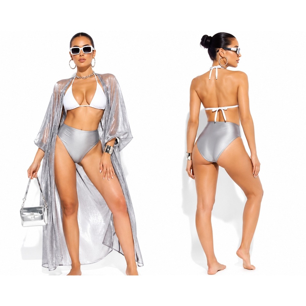 Women's High Waist Cheeky Bikini Bottom by Shade & Shore Silver M New With Tags